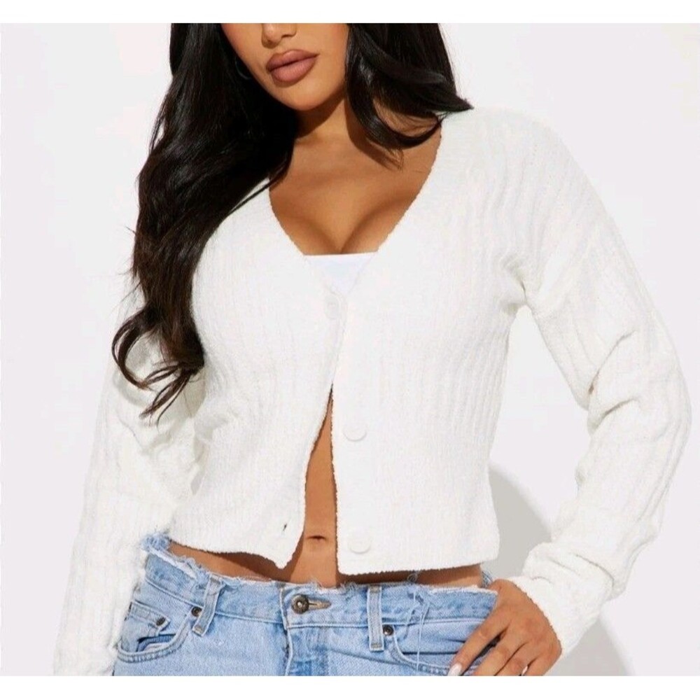 FASHION NOVA Cardigan Buttery Soft Ivory White Ribbed Buttons Nerida Women Large